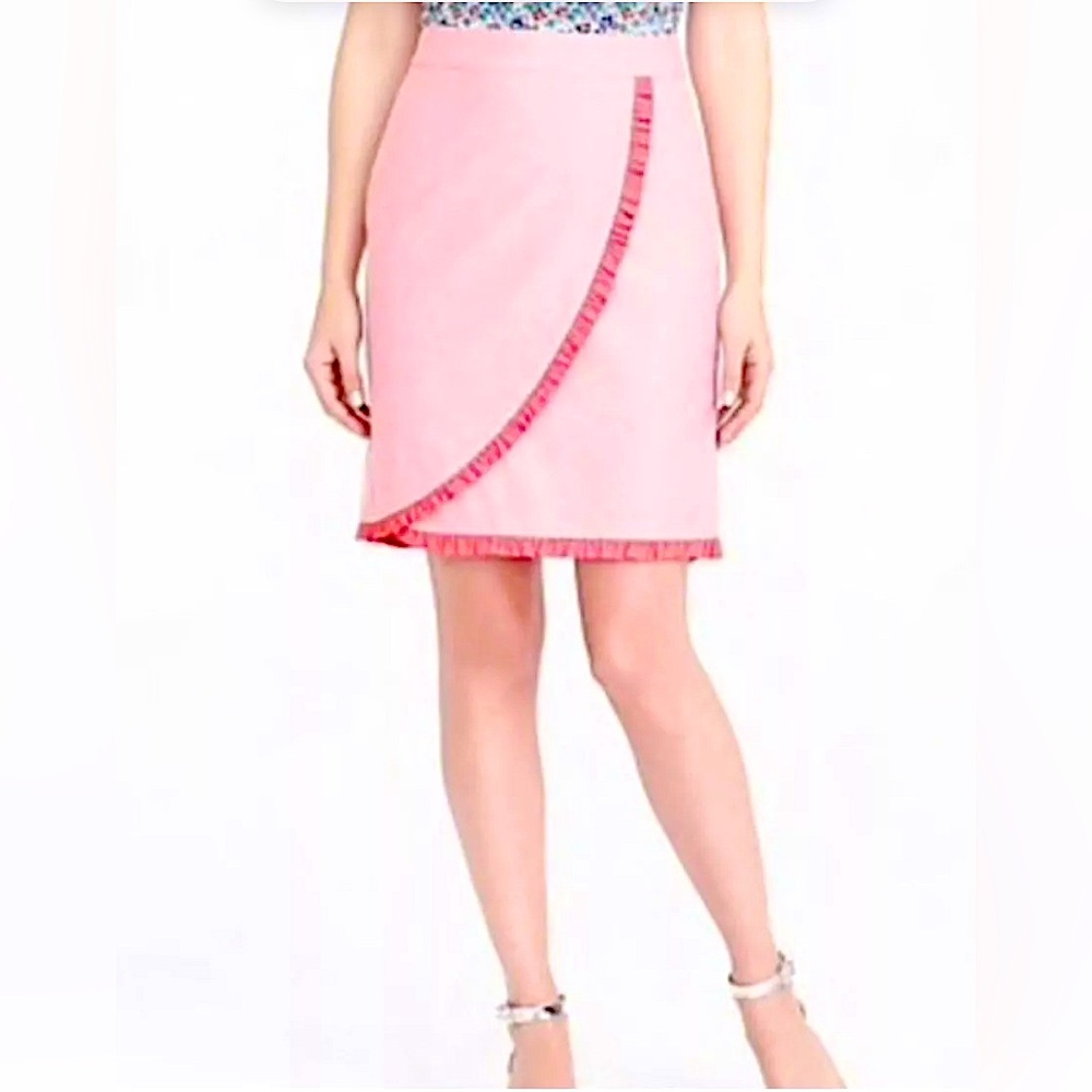 J Crew Oxford Ruffle Trim Wrap Pencil Skirt in Nantucket Red Sz 4, MSRP $119